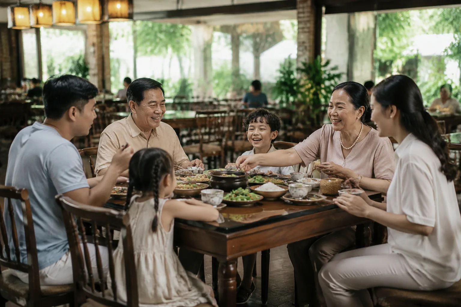 Gia đình Việt Nam nhiều thế hệ cùng dùng bữa tại nhà hàng ở Gia Nghĩa, mọi người trò chuyện thoải mái quanh bàn ăn trong không gian rộng rãi, thể hiện nhu cầu lựa chọn địa điểm phù