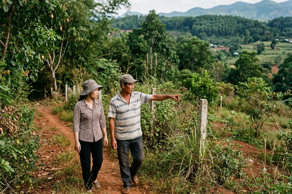 Người mua kiểm tra hiện trạng khu đất cùng người đi cùng để ghi nhận thông tin thực tế