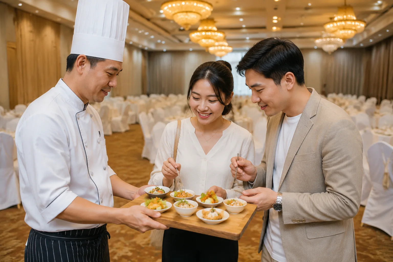 Đầu bếp nhà hàng trình bày các món ăn mẫu trên bàn, cặp đôi thử nếm, nền là không gian tiệc cưới chưa trang trí, ánh sáng nhẹ, tạo cảm giác chuẩn bị sớm cho tiệc cưới