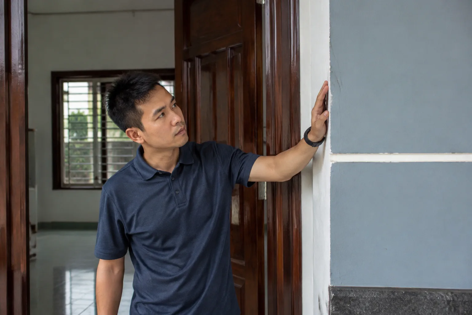 Người mua đang kiểm tra hiện trạng căn nhà tại Gia Nghĩa bằng cách quan sát các chi tiết xây dựng và không gian sử dụng thực tế