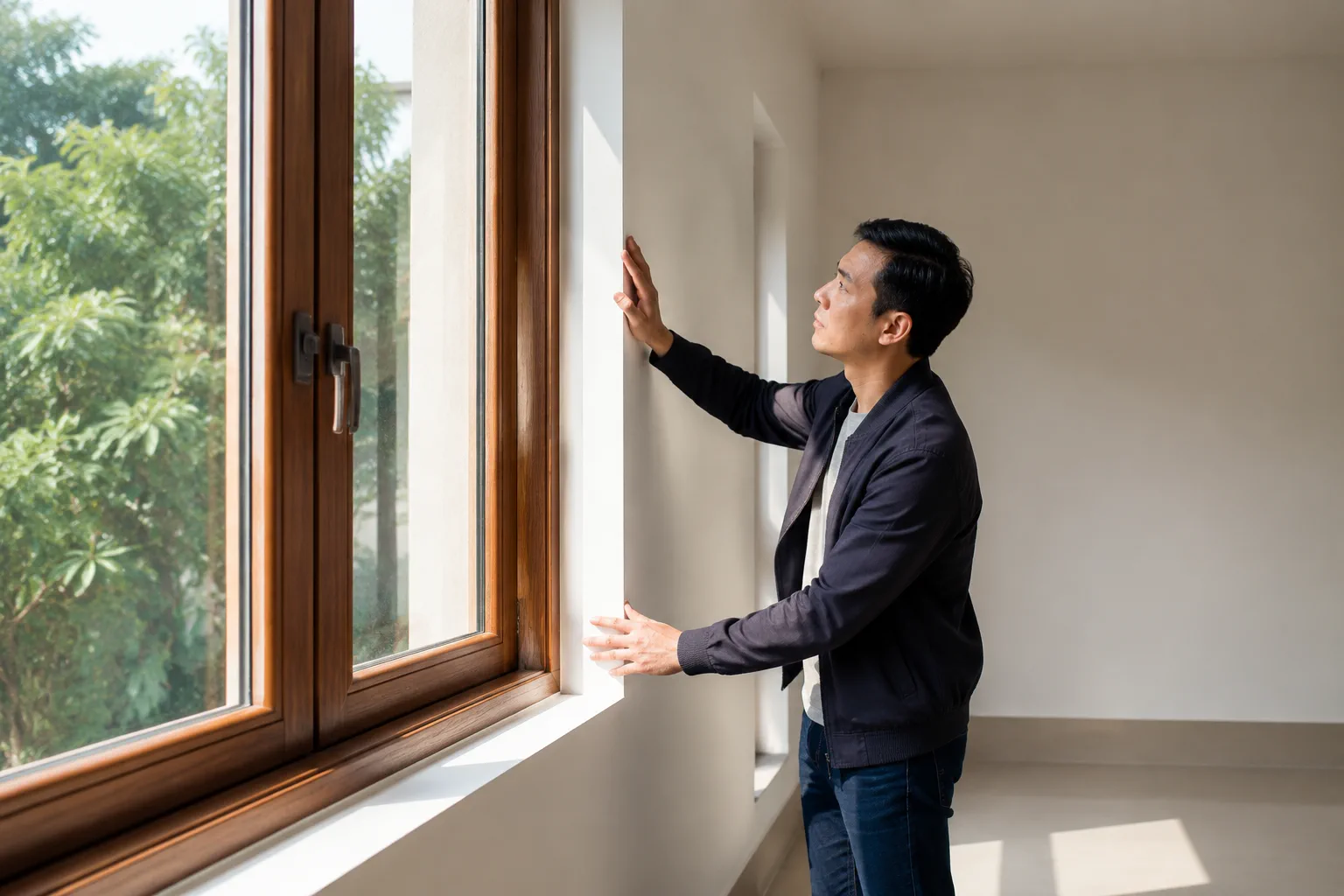 Người mua nhà đang kiểm tra chi tiết hiện trạng bên trong căn phòng, xem xét kỹ lưỡng các hạng mục hoàn thiện trước khi tiến hành thương lượng.