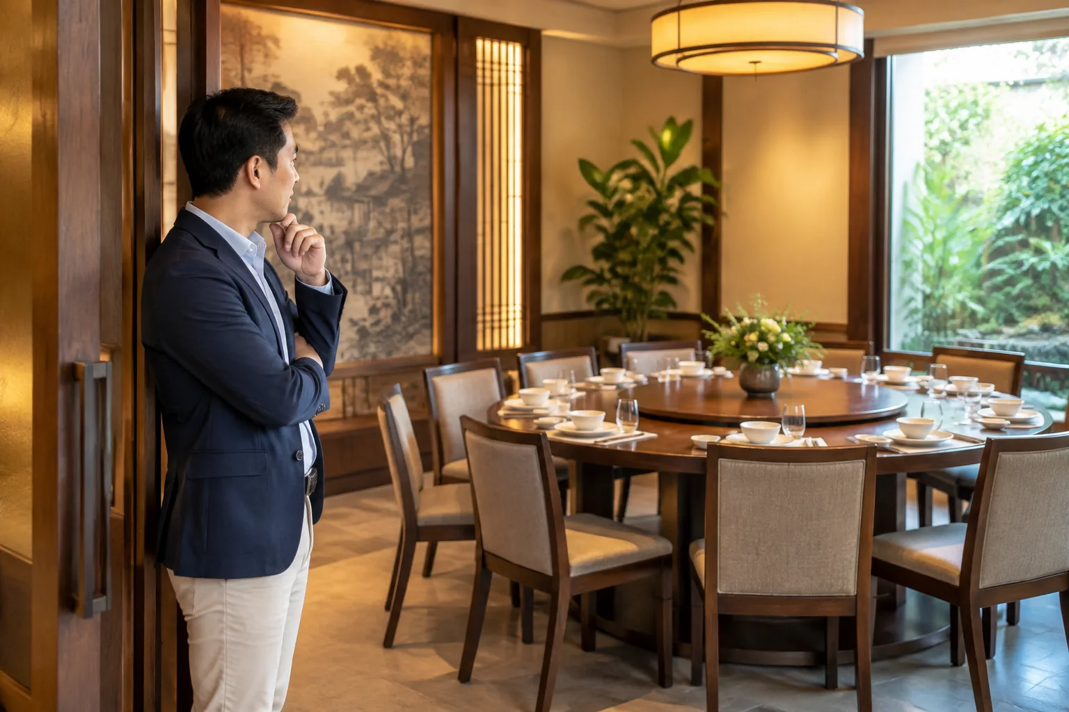 Khách hàng Việt Nam lựa chọn nhà hàng cho buổi tiếp khách kết hợp dùng bữa, quan sát không gian phòng ăn riêng với bàn được sắp xếp trang nhã trước khi quyết định địa điểm.