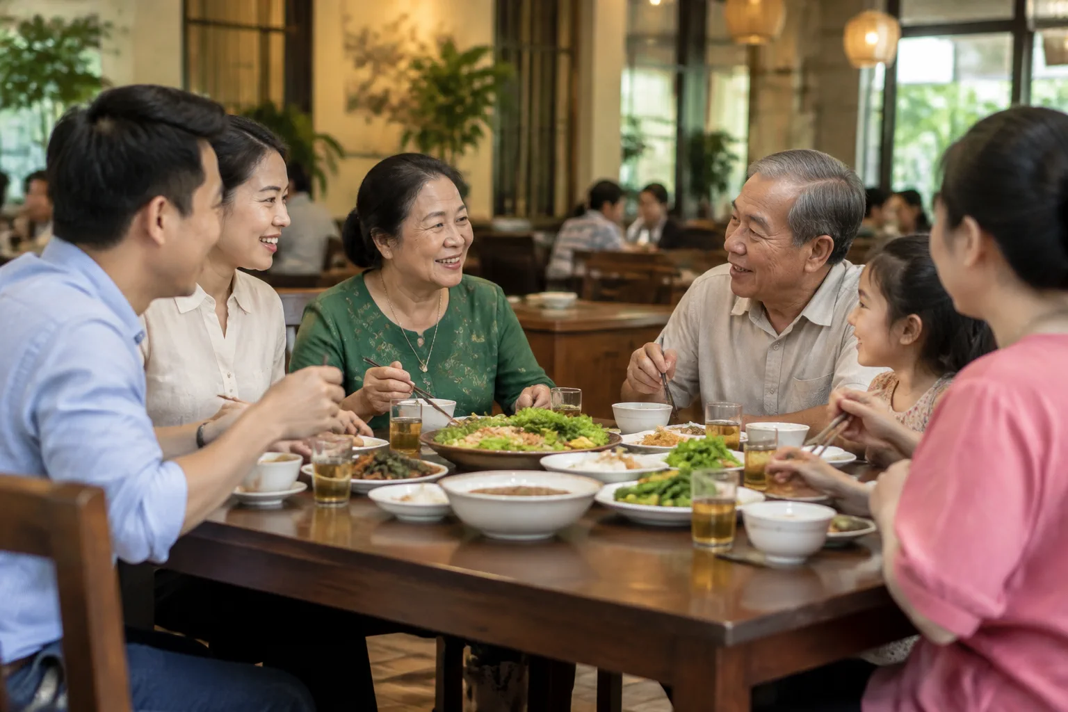 Nhóm khách gia đình Việt Nam đang trao đổi và thưởng thức bữa ăn tại bàn với nhiều độ tuổi khác nhau, thể hiện việc cân nhắc khẩu vị và sự phù hợp của thực đơn trong buổi gặp mặt.
