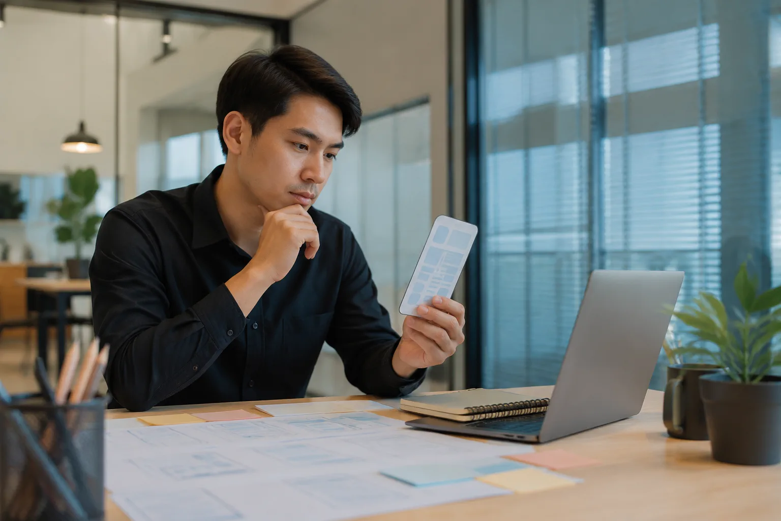 Chuyên gia thiết kế website tại Việt Nam đang nghiên cứu trải nghiệm người dùng trên điện thoại trong không gian làm việc hiện đại