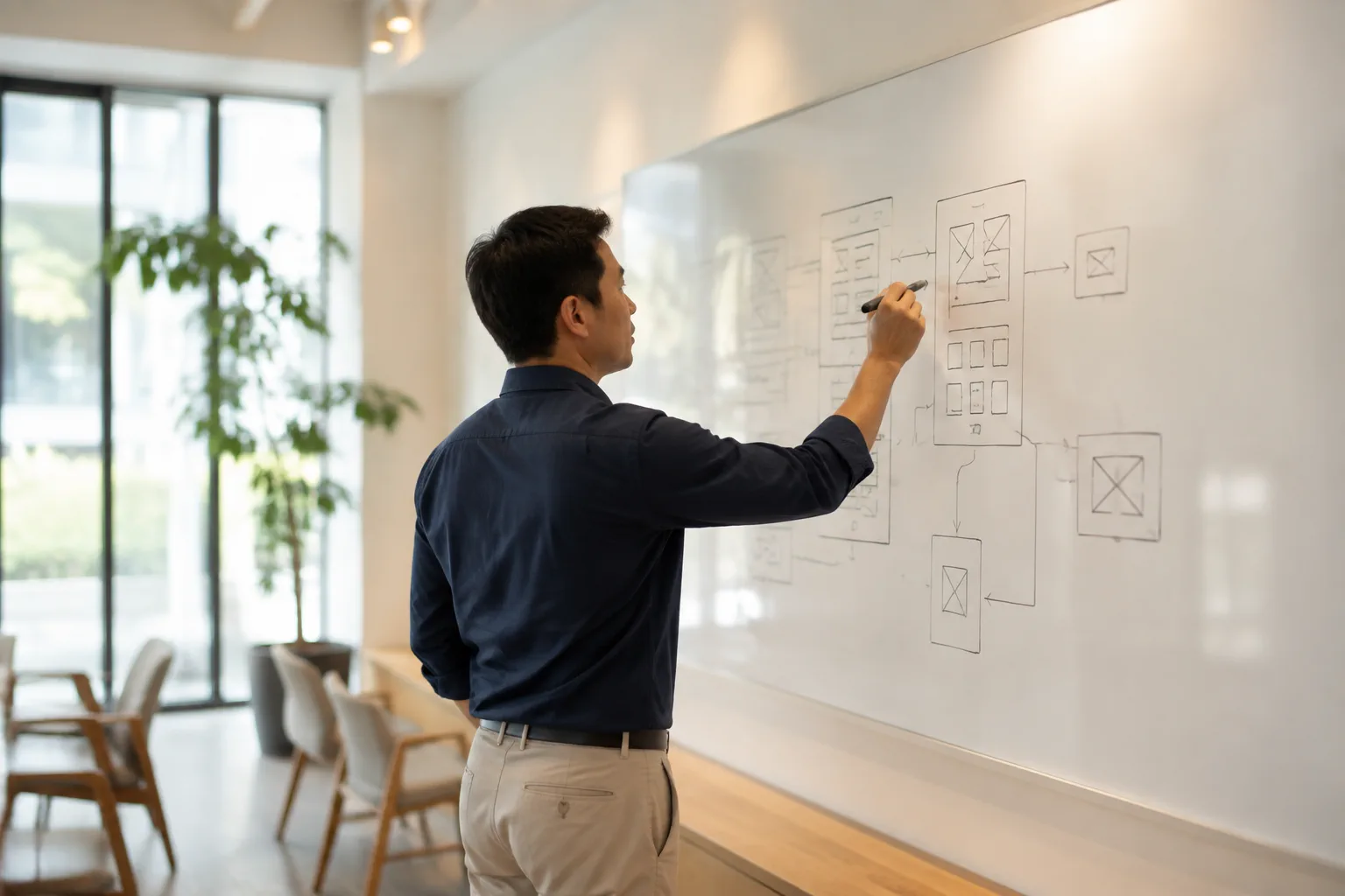 Chủ doanh nghiệp Việt Nam đứng trước bảng trắng lớn đang phác thảo sơ đồ cấu trúc website bằng bút lông, nhìn từ phía sau vai, thể hiện khoảnh khắc lập kế hoạch mở rộng website nga