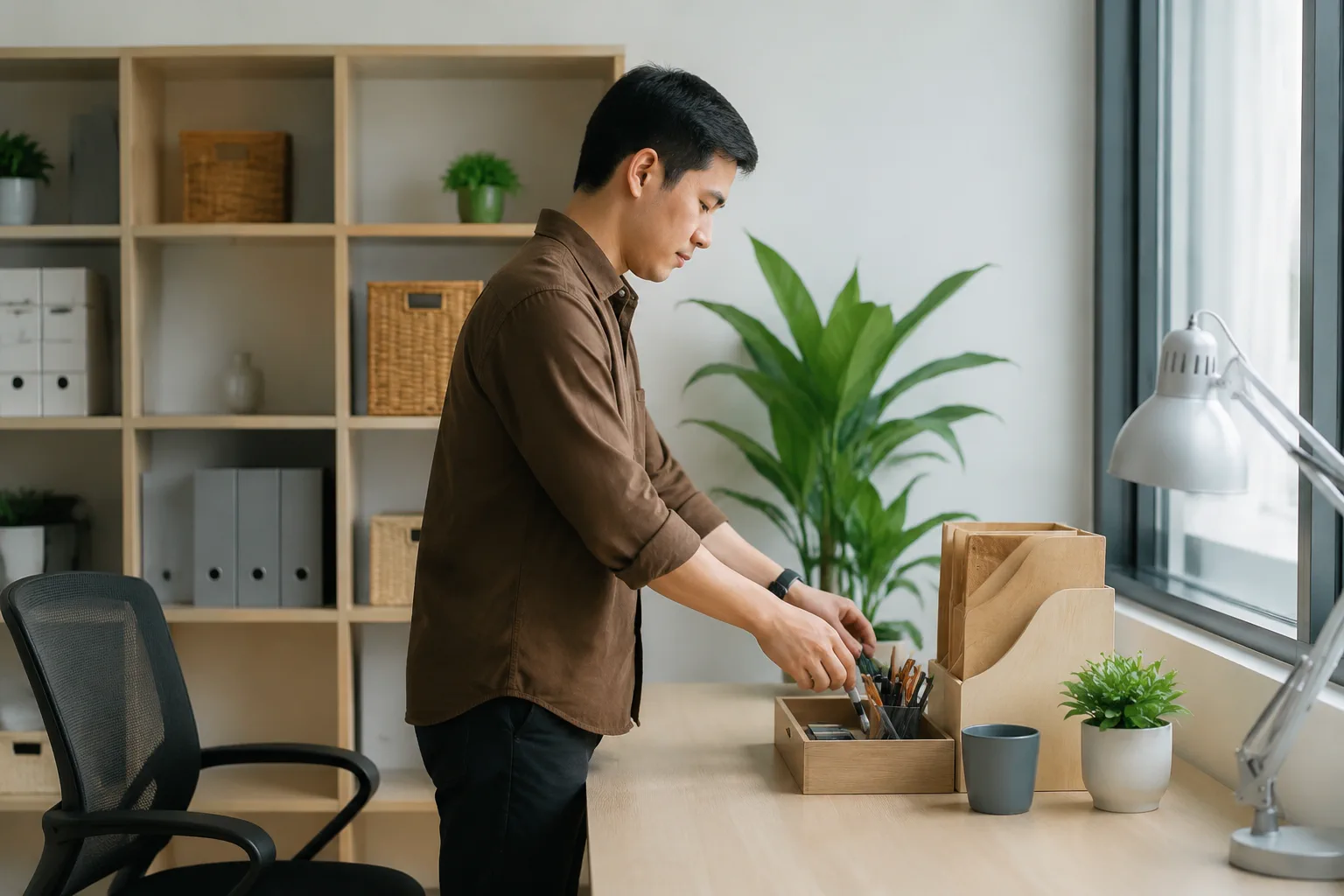 Nhân viên doanh nghiệp Việt Nam kiểm tra không gian làm việc sau khi bàn giao website, thể hiện việc chuẩn bị vận hành và duy trì nội dung trong giai đoạn sau ra mắt.