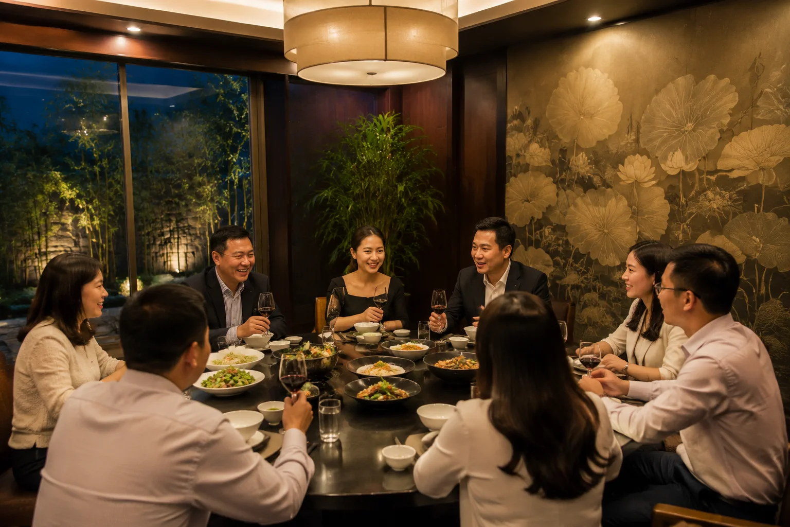 Nhóm khách doanh nghiệp tại Việt Nam đang dùng bữa trong phòng riêng của nhà hàng với thực đơn và không gian phù hợp cho buổi gặp gỡ cuối năm