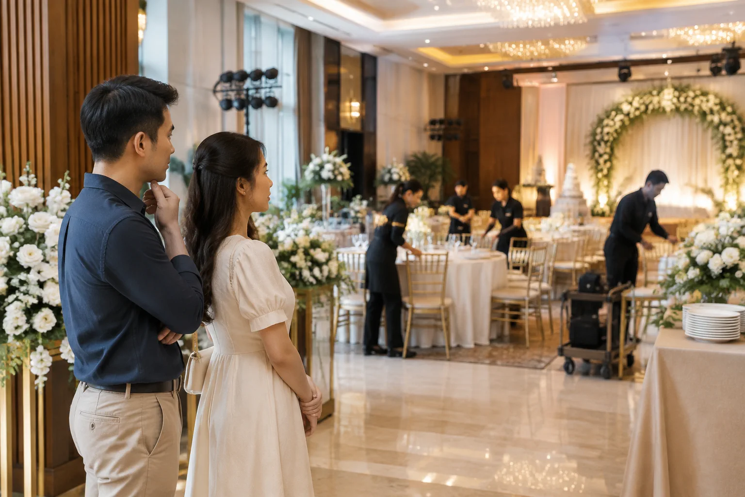 Cô dâu chú rể Việt Nam quan sát quá trình chuẩn bị tiệc cưới với nhiều khâu vận hành được sắp xếp trong không gian nhà hàng, thể hiện sự cân nhắc giữa công sức và phương án tổ chức