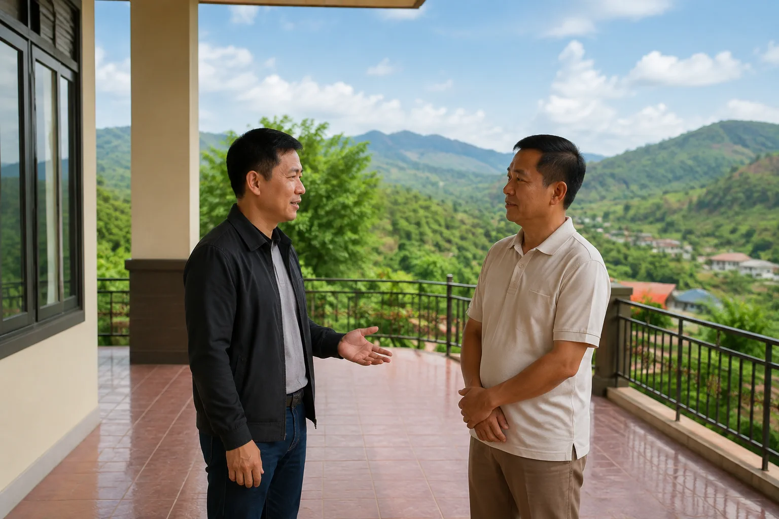 Người mua nhà đứng trên ban công trao đổi và đặt các câu hỏi quan trọng với chủ nhà về hiện trạng tài sản và khu vực xung quanh trước khi quyết định giao dịch.