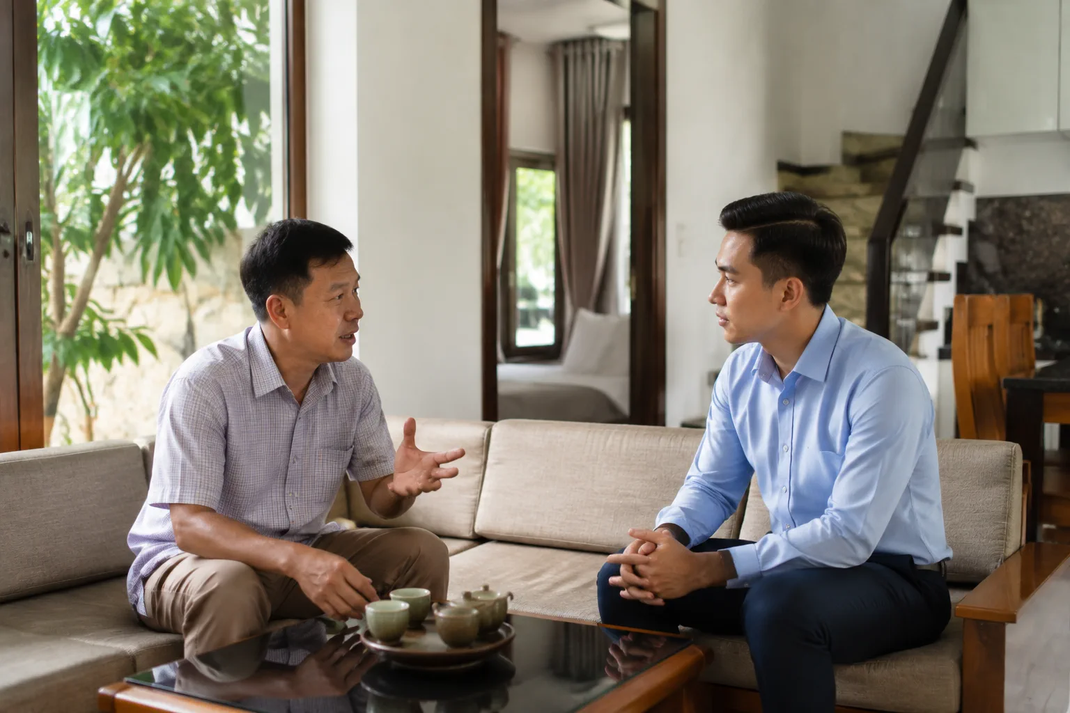 Chủ nhà tại Gia Nghĩa trao đổi nhu cầu ký gửi với chuyên viên tư vấn trong không gian nhà ở Việt Nam, tập trung vào việc chia sẻ thông tin về tài sản và định hướng giao dịch trước