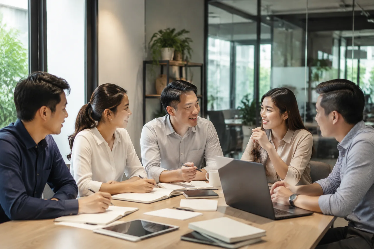 Nhóm chuyên gia doanh nghiệp Việt Nam trao đổi về kế hoạch thiết kế website trong không gian văn phòng hiện đại
