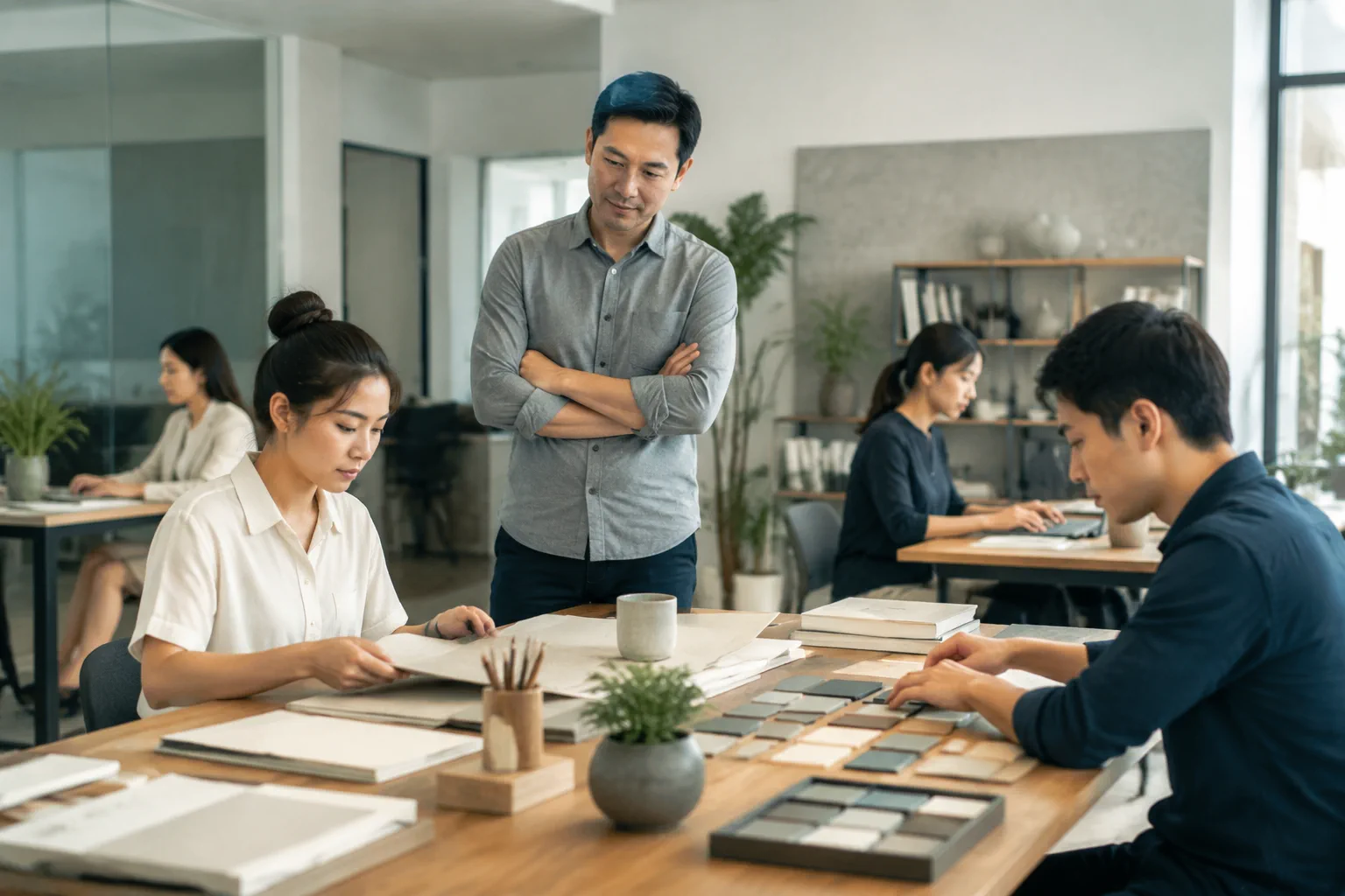 Nhân sự doanh nghiệp Việt Nam quan sát quy trình vận hành nội dung trong không gian làm việc hiện đại, thể hiện việc lựa chọn hệ quản trị website dựa trên cách tổ chức công việc và