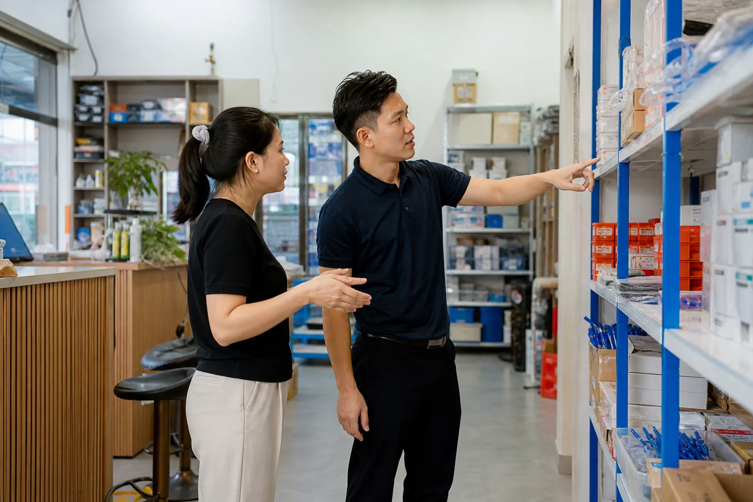 Nhân viên doanh nghiệp Việt Nam kiểm tra nội dung dịch vụ trong không gian vận hành thực tế, minh họa việc chuẩn bị nguồn thông tin trước khi tích hợp chatbot.