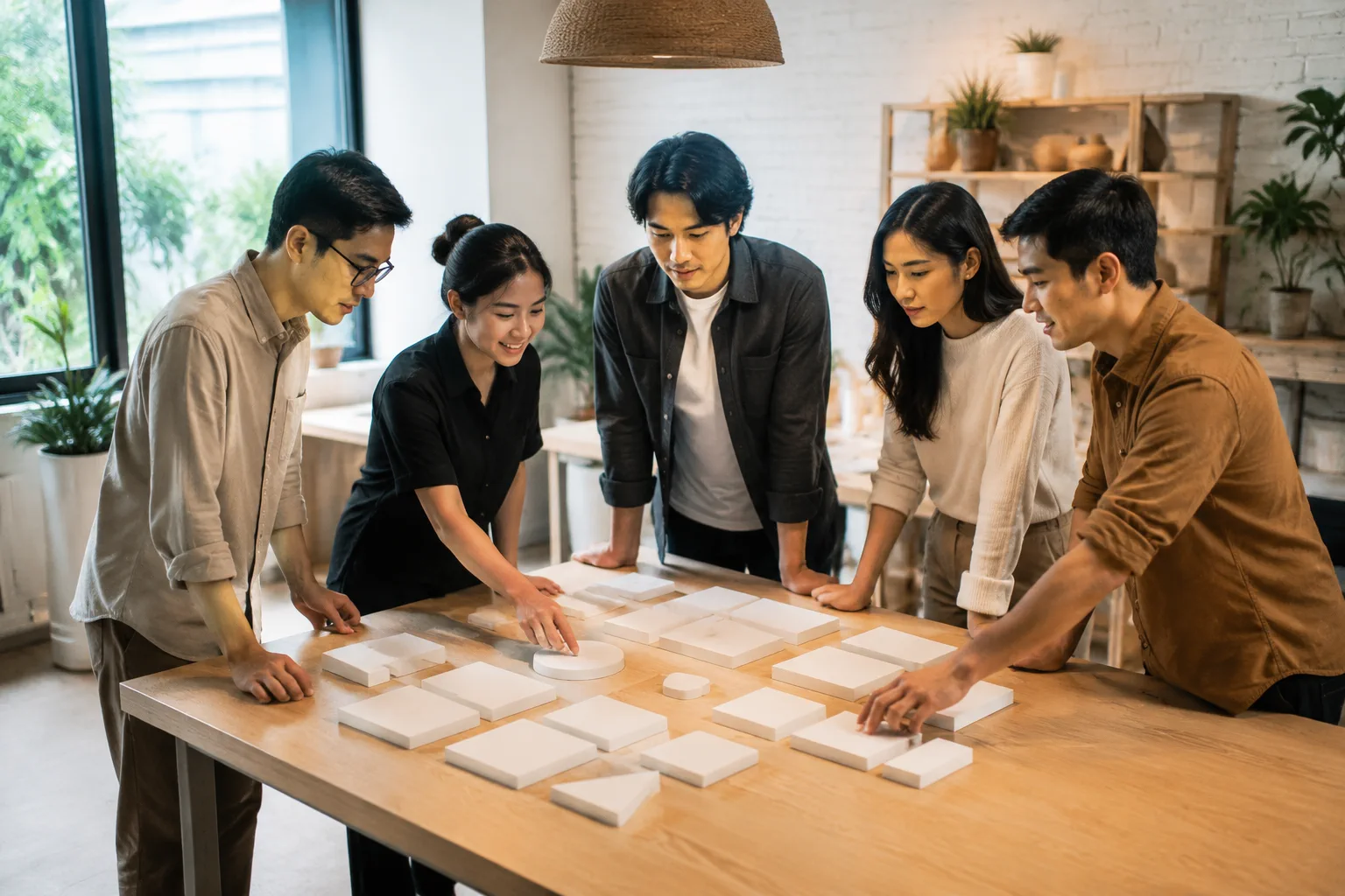 Nhóm nhân sự doanh nghiệp Việt Nam trao đổi về cách tổ chức nội dung website trong không gian làm việc sáng tạo, sử dụng các vật thể trống không chữ để thể hiện việc phân loại thôn