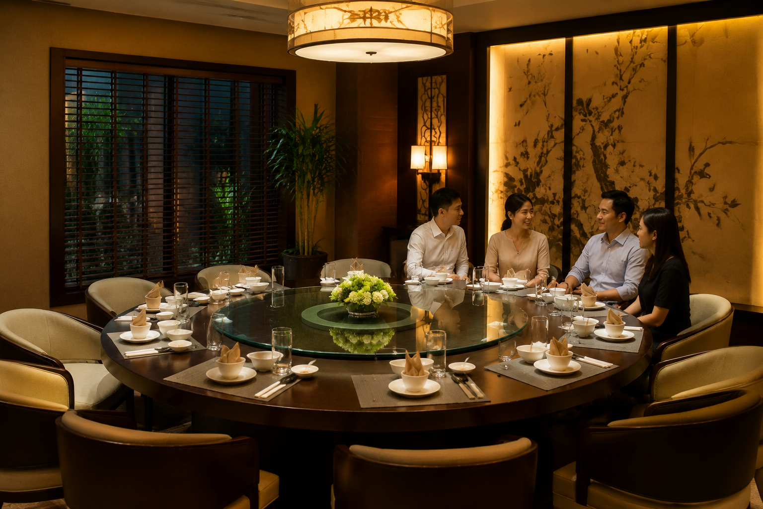 Khu vực phòng riêng trong nhà hàng được sắp xếp gọn gàng cho buổi gặp mặt quan trọng, thể hiện sự riêng tư và chuẩn bị chu đáo.