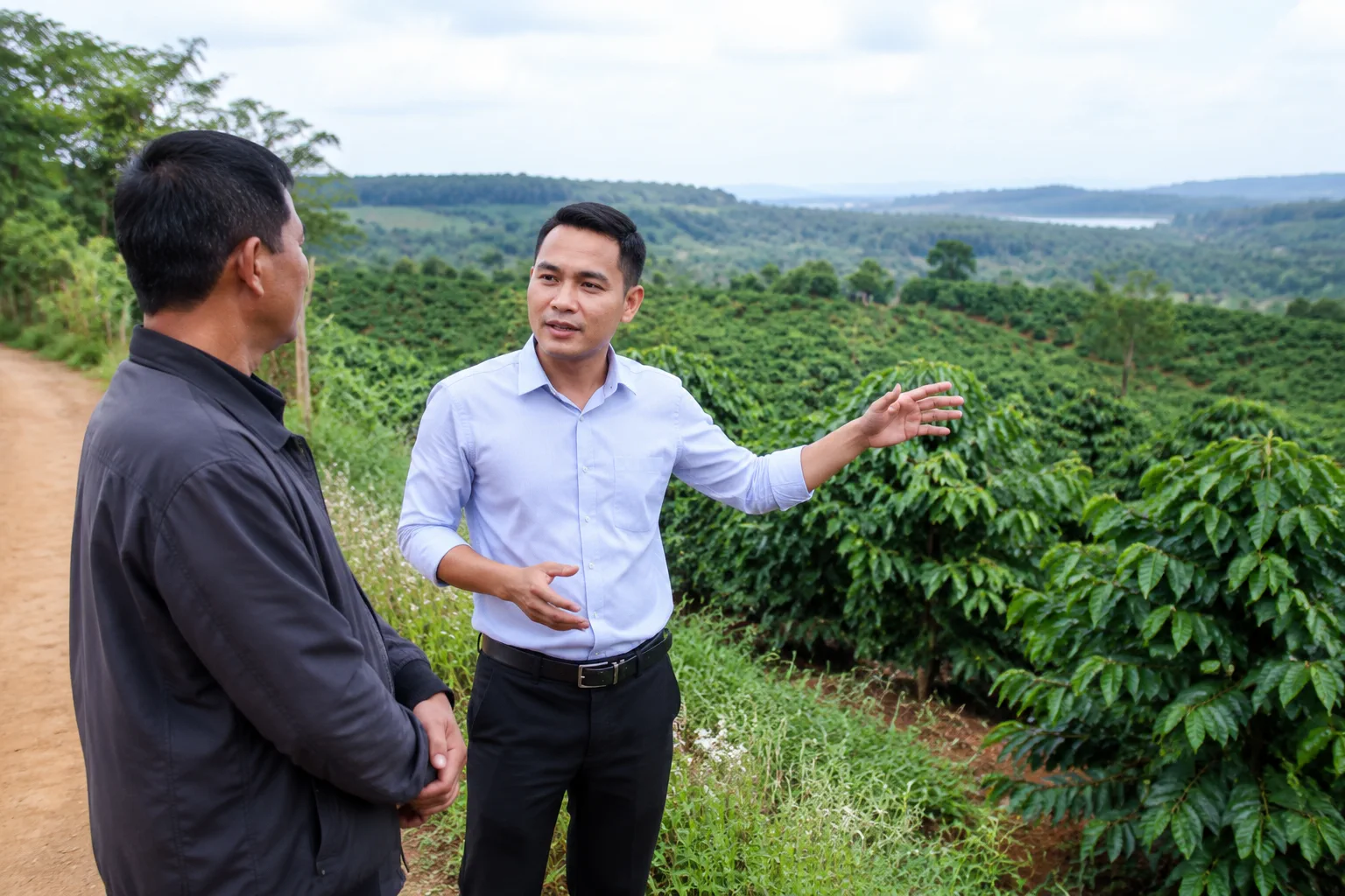 Chủ tài sản trao đổi về một khu đất nông nghiệp tại Đắk Nông với chuyên viên bất động sản trong bối cảnh thực tế, thể hiện bước đầu của quá trình ký gửi