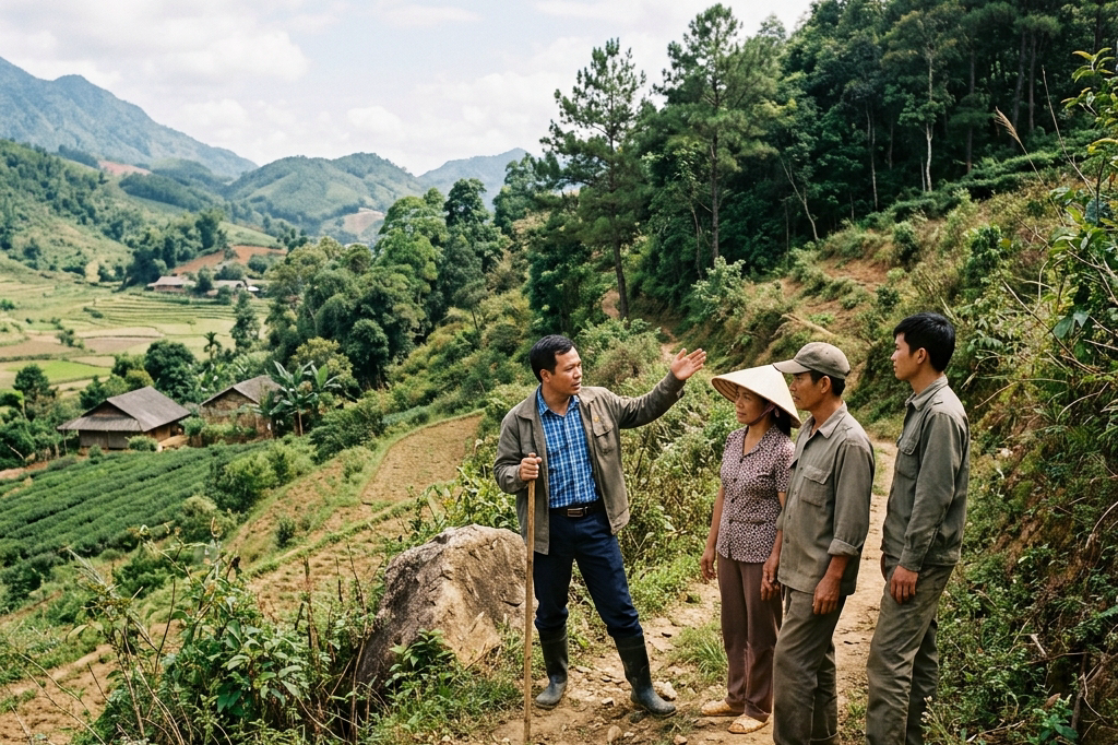 Người mua và chuyên gia đang đối chiếu thông tin thực tế của khu đất ngoài trời bằng cách quan sát ranh giới và hiện trạng sử dụng đất