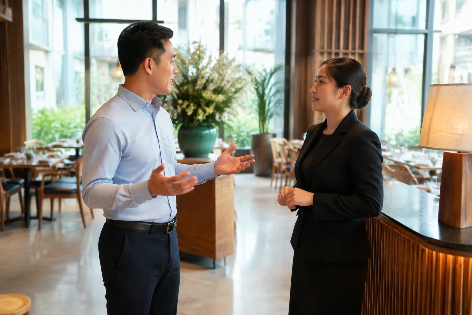 Đại diện doanh nghiệp Việt Nam đang trao đổi mục tiêu buổi họp mặt với nhân viên tư vấn nhà hàng tại khu vực sảnh tiếp khách, thể hiện bước chuẩn bị ban đầu trước khi đặt lịch.