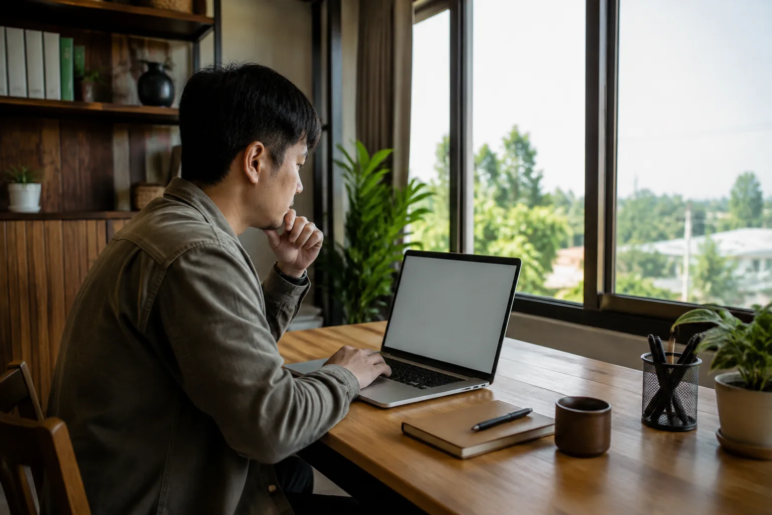 Góc nhìn người nghiên cứu quy định đất đai tại Đắk Nông đang kiểm tra thông tin nguồn chính thức trước khi áp dụng, trong không gian làm việc tối giản với sự tập trung vào quy trìn