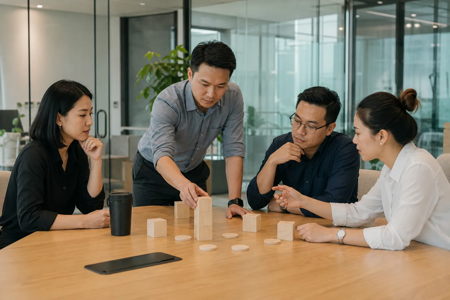Nhóm chuyên gia doanh nghiệp Việt Nam trao đổi trong phòng họp hiện đại, một người trình bày quy trình lựa chọn phương án website bằng cách sắp xếp các vật thể trống trên bàn, thể