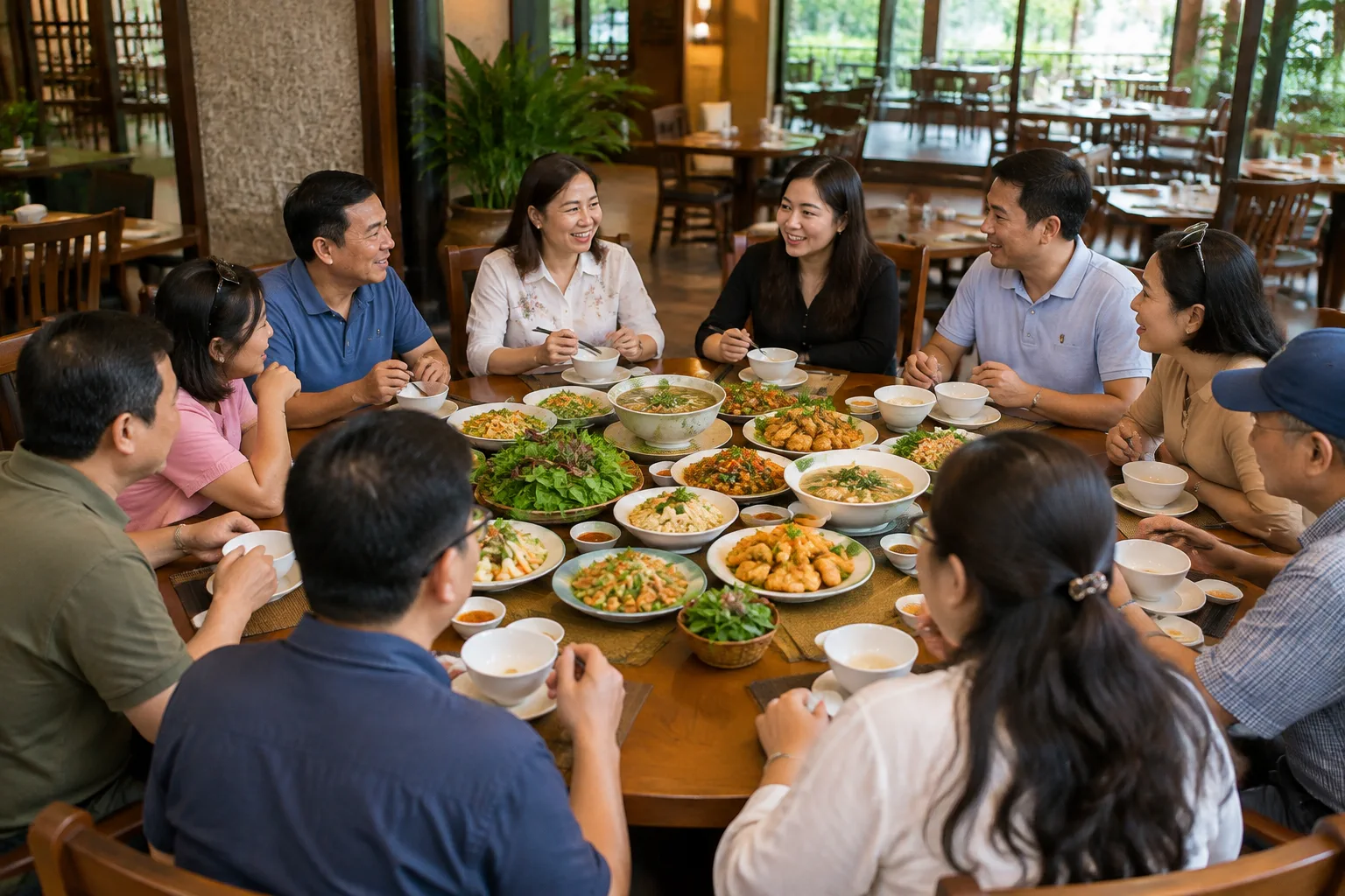 Nhóm khách du lịch Việt Nam dùng bữa cùng nhau tại nhà hàng với nhiều người ngồi chung bàn, thể hiện sự cân nhắc lựa chọn món ăn phù hợp cho nhóm khách đông trong chuyến đi.