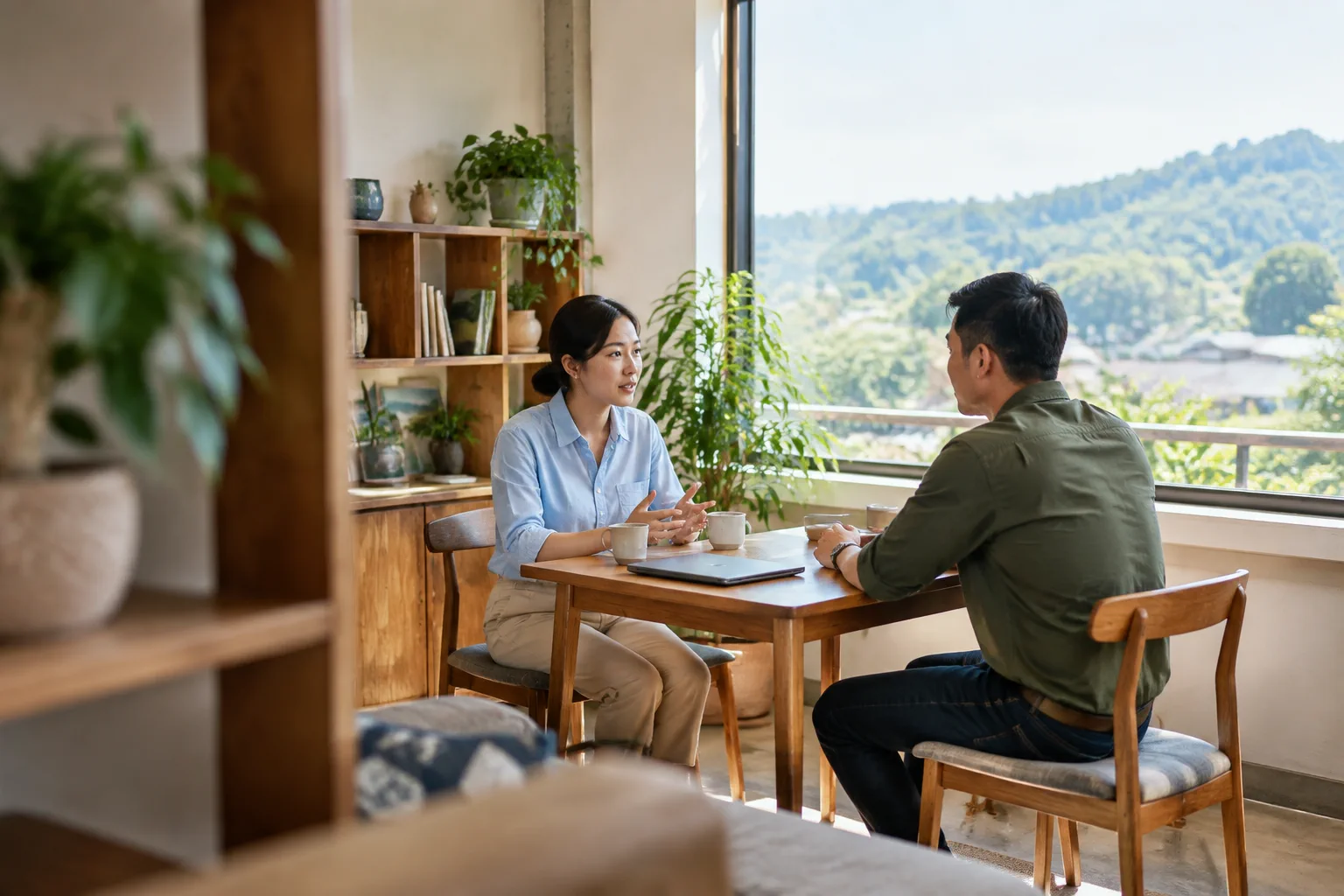 Các bên liên quan trao đổi trực tiếp về quy trình chuẩn bị giao dịch bất động sản tại Đắk Nông trong không gian làm việc thân thiện, tập trung vào sự phối hợp thông tin