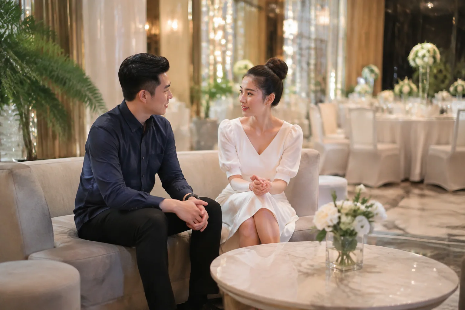 Cặp đôi Việt Nam đang chuẩn bị trao đổi kế hoạch tham quan nhà hàng tiệc cưới tại khu vực sảnh tư vấn hiện đại, tập trung vào việc thống nhất mong muốn về phong cách và nhu cầu tổ
