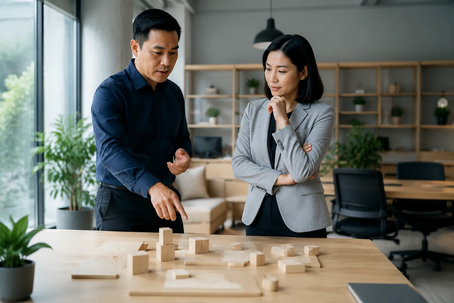 Chủ doanh nghiệp Việt Nam cùng chuyên gia web quan sát mô hình luồng vận hành website thương mại điện tử trên bàn làm việc hiện đại, thể hiện quá trình rà soát tổng thể trước khi n