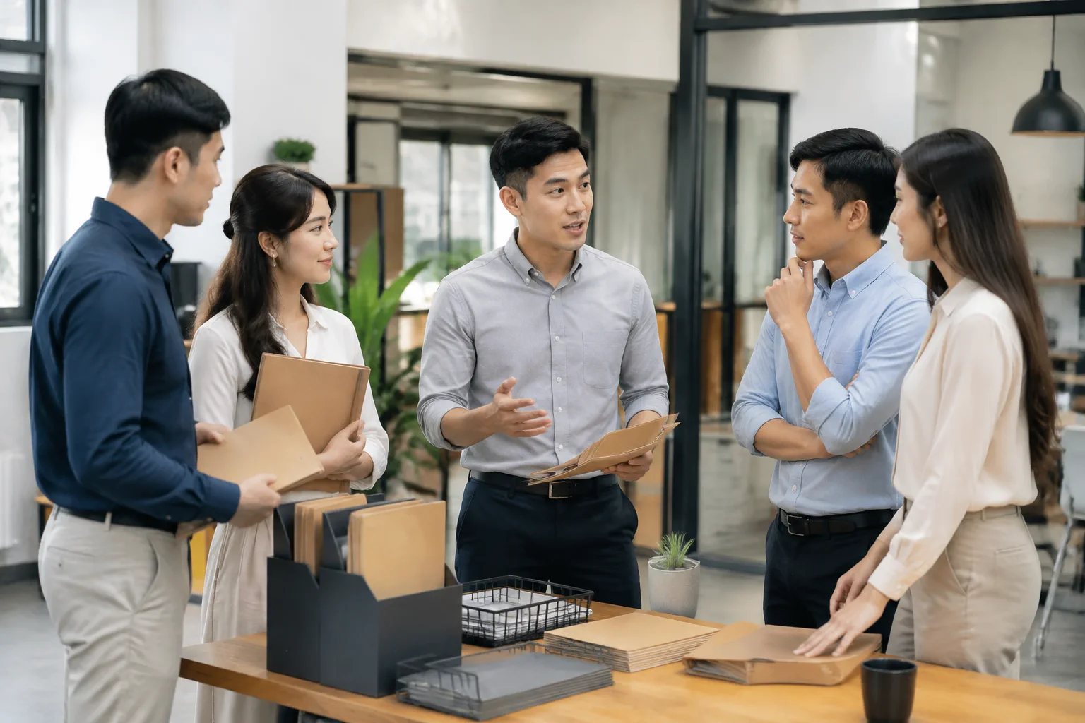 Đội ngũ doanh nghiệp Việt Nam trao đổi trong khu vực làm việc chung về cách phân loại và phối hợp xử lý yêu cầu khách hàng, thể hiện bước vận hành sau khi nhận lead từ website.