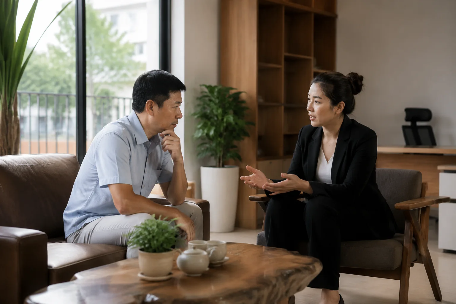 Chủ tài sản tại Gia Nghĩa ngồi trao đổi cùng chuyên viên bất động sản về các lựa chọn tự bán và sử dụng dịch vụ hỗ trợ trong không gian làm việc hiện đại, thể hiện quá trình cân nh