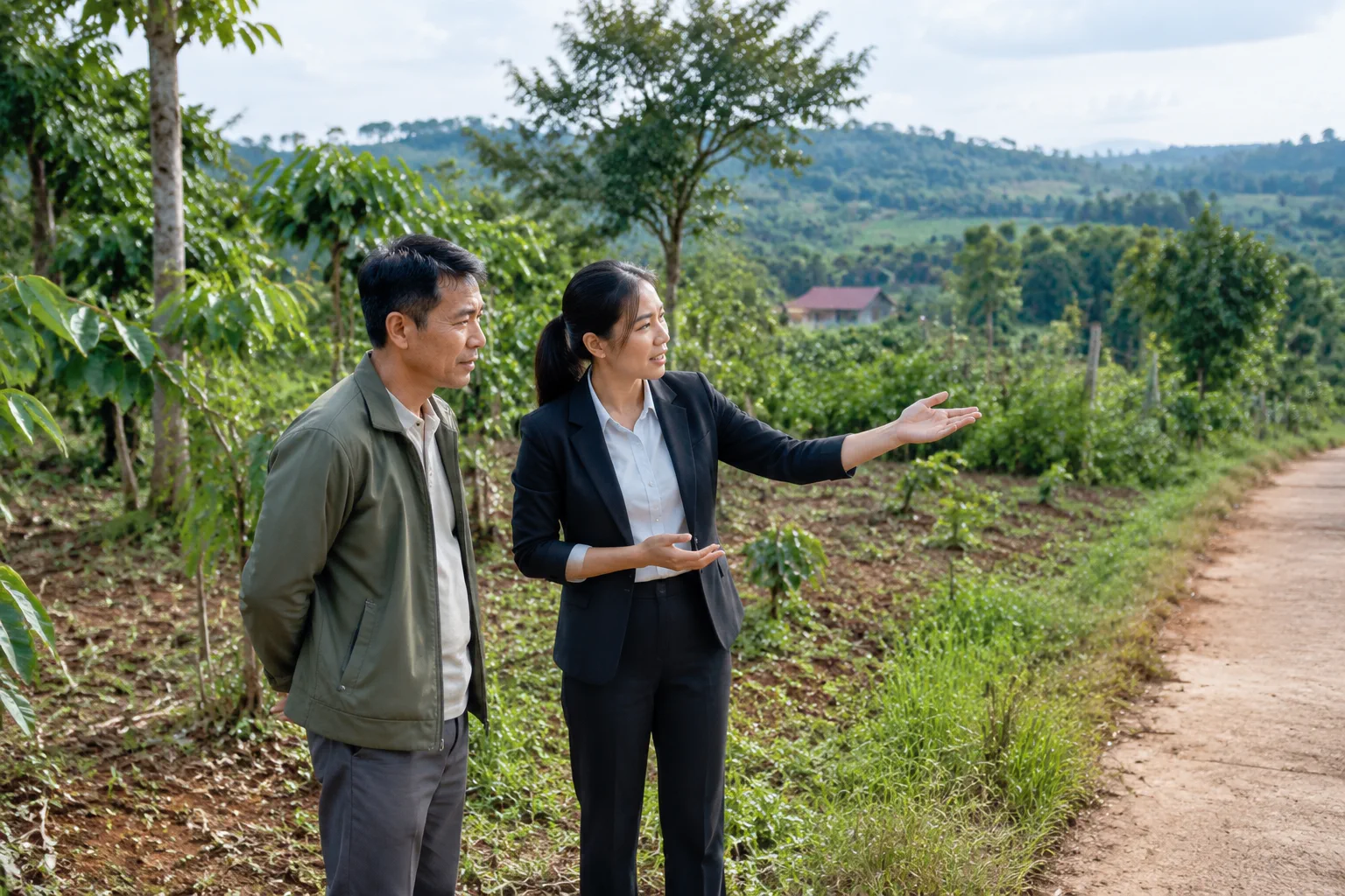 Chủ đất Việt Nam trao đổi trực tiếp với chuyên viên tư vấn bất động sản tại một khu đất ven đô Đắk Nông, cùng quan sát hiện trạng khu đất và thảo luận phương án ký gửi trong không