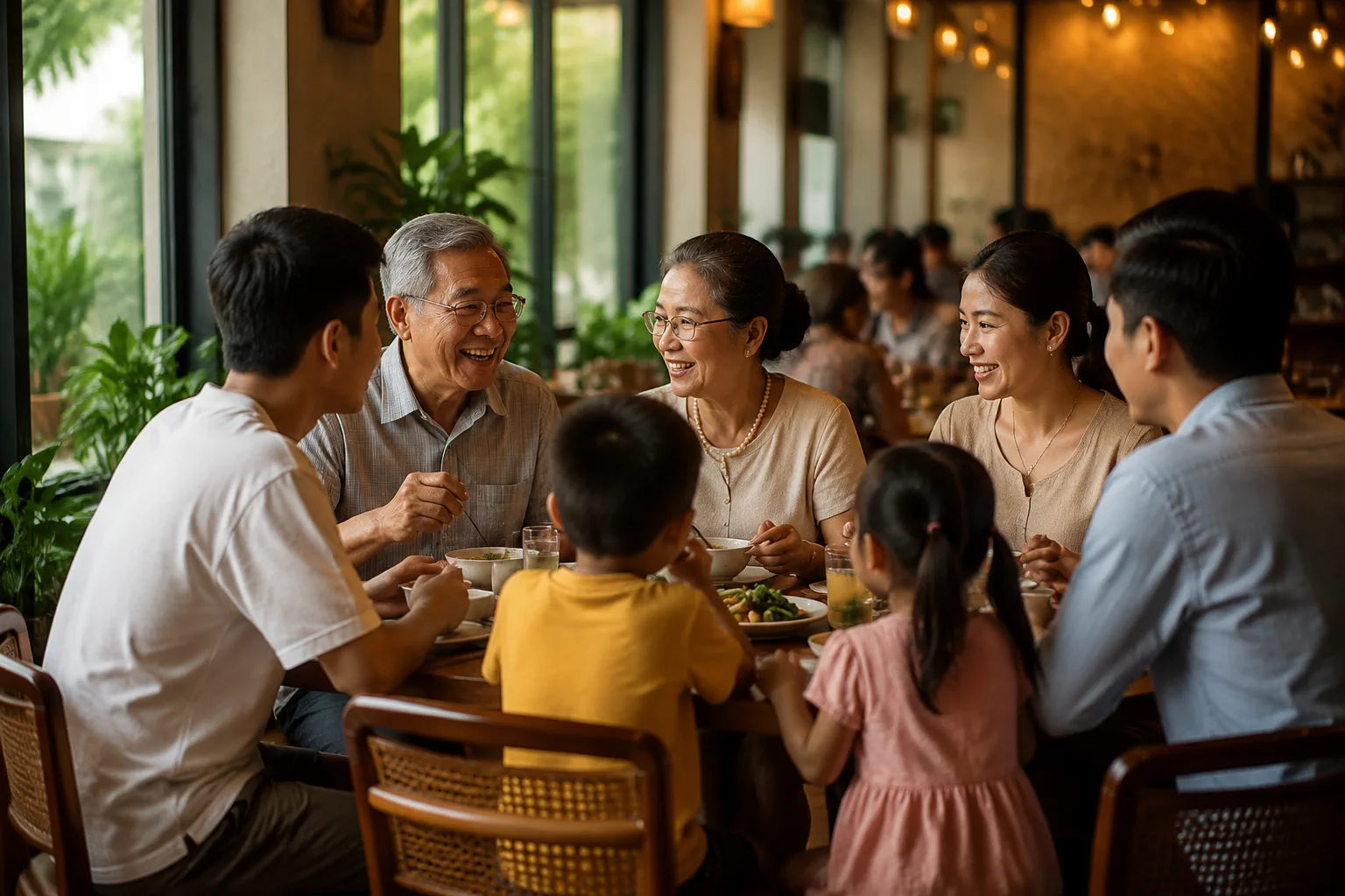 Gia đình Việt Nam đang thưởng thức bữa ăn chung trong không gian nhà hàng ấm cúng, thể hiện sự kết nối giữa món ăn và thời gian trò chuyện cùng nhau