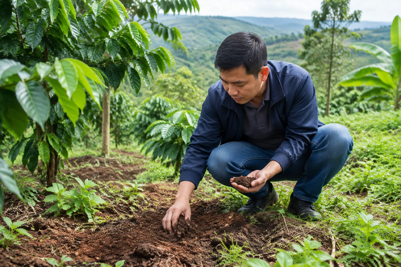 Người mua đang ngồi xổm kiểm tra chất lượng đất và địa hình thực tế tại một khu vườn ở Đắk Nông, thể hiện bước khảo sát kỹ lưỡng thay vì chỉ quan sát cảnh quan chung.