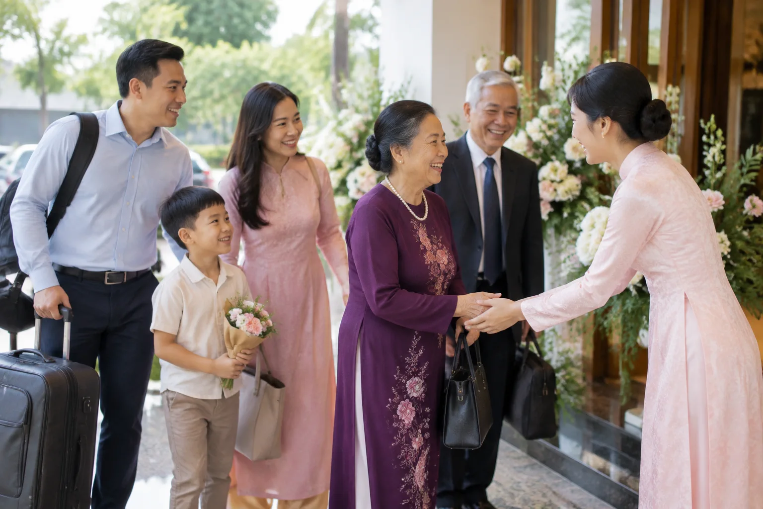 Khách mời từ xa đến tham dự tiệc cưới Việt Nam được nhân viên nhà hàng chào đón tại khu vực lối vào, thể hiện sự thân thiện và cảm giác được hỗ trợ trước khi bước vào buổi tiệc.