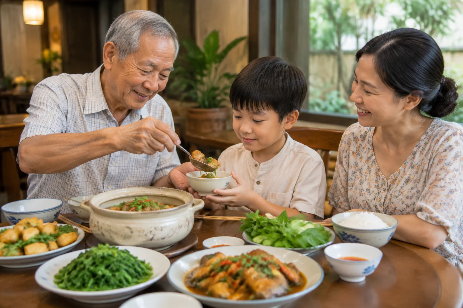 Người ông lớn tuổi đang dùng muỗng múc thức ăn từ đĩa chung vào bát nhỏ cho cháu trai, thể hiện sự gắn kết và chia sẻ trong bữa ăn gia đình nhiều thế hệ tại nhà hàng.