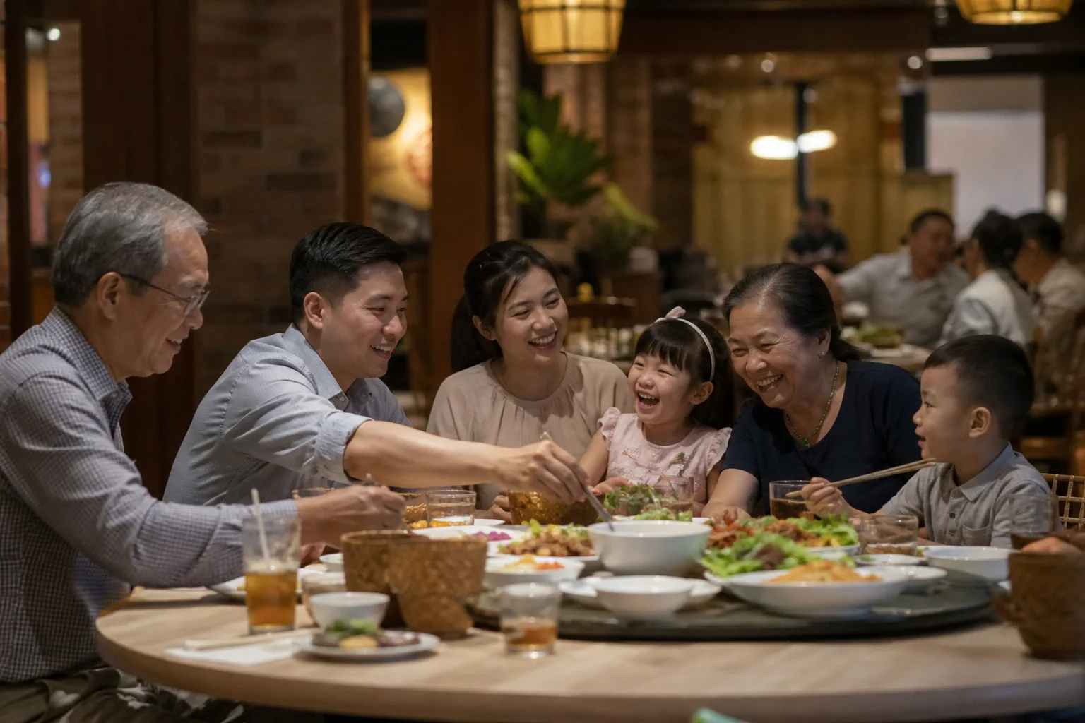 Gia đình nhiều thế hệ người Việt Nam cùng ngồi quanh bàn tròn trong không gian nhà hàng ấm cúng, trò chuyện và cười vui trong bữa tiệc sinh nhật, thể hiện sự gắn kết và không khí t