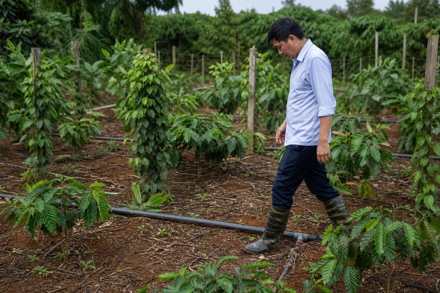 Người khảo sát kiểm tra điều kiện vận hành của khu đất nông nghiệp Đắk Nông bằng cách quan sát hệ thống tưới, cây trồng và khu vực sử dụng thực tế trong trang trại.