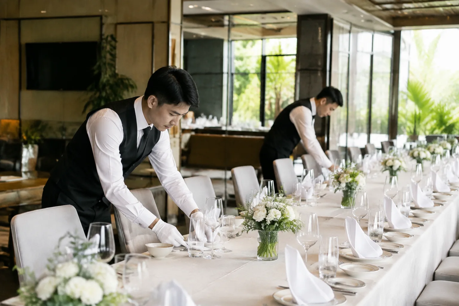 Nhân viên nhà hàng đang cẩn thận sắp xếp bàn tiệc dài và ghế ngồi trong khu vực tổ chức sự kiện, chuẩn bị không gian chỉn chu trước khi đón đoàn khách doanh nghiệp.