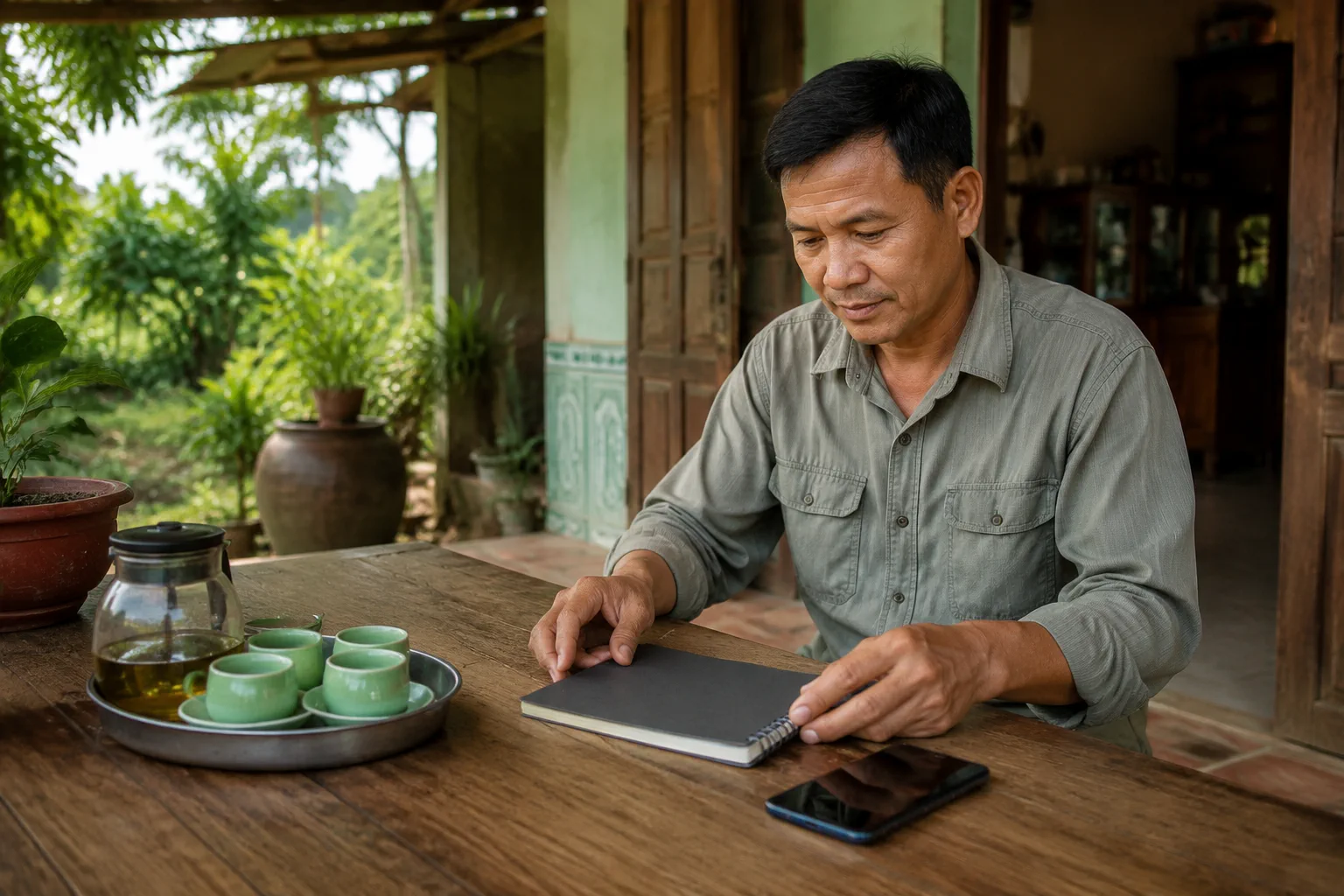 Chủ đất tại Đắk Nông đang chuẩn bị thông tin tài sản trước buổi trao đổi ký gửi, ngồi tại không gian sân nhà nông thôn với điện thoại và ghi chú cá nhân không có chữ, thể hiện bước