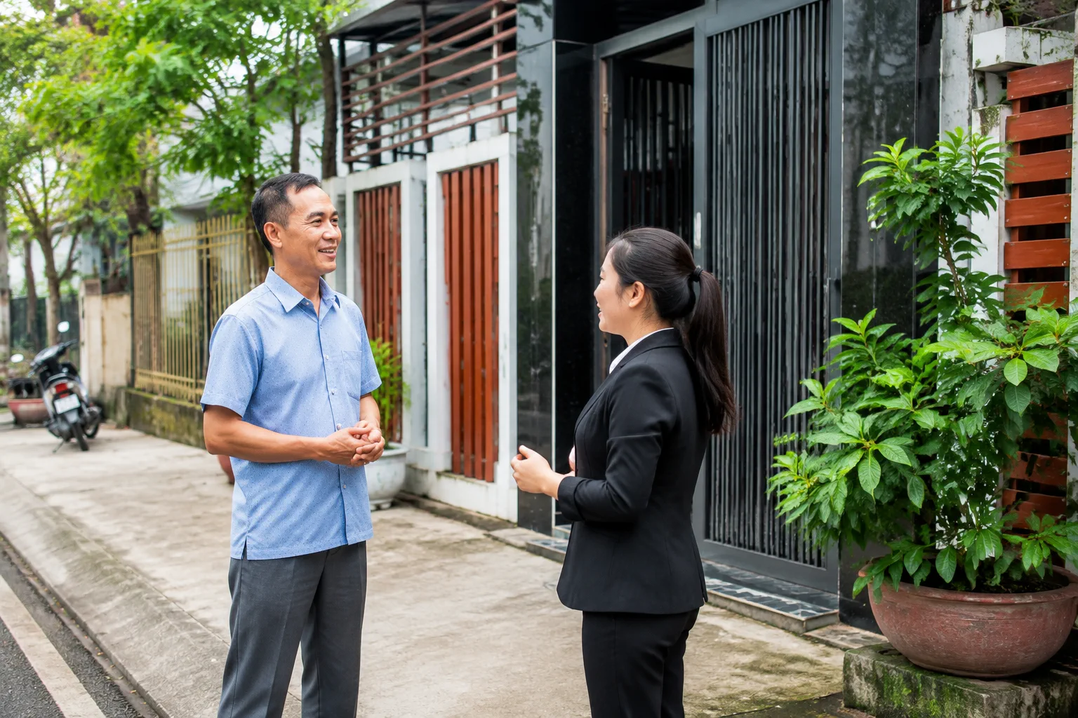 Chủ nhà tại Gia Nghĩa đang đứng trước căn nhà và trao đổi với chuyên viên bất động sản về việc chuẩn bị thông tin tài sản
