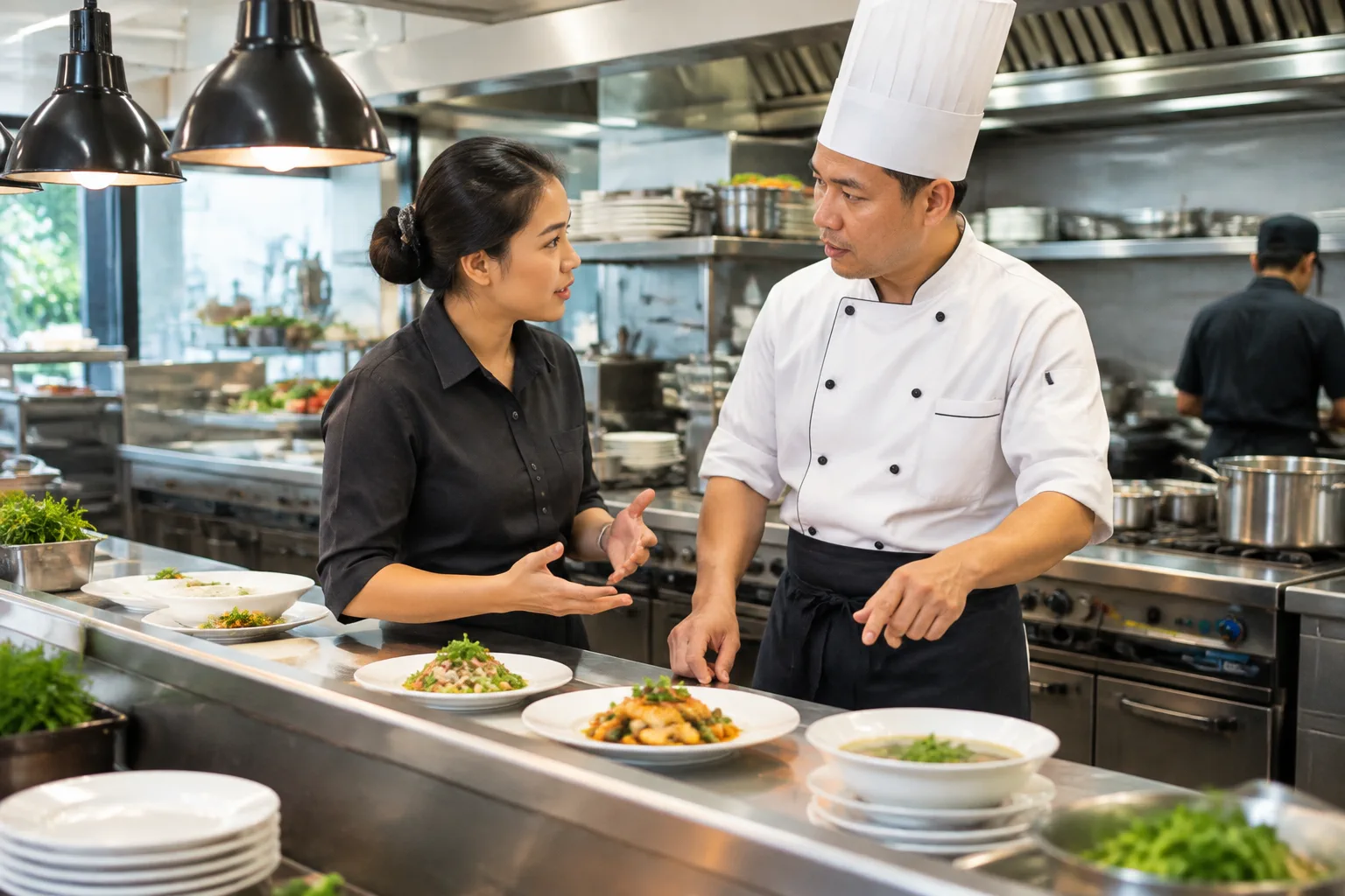 Nhân viên nhà hàng Việt Nam cùng đội ngũ bếp trao đổi về việc chuẩn bị món ăn cho một buổi tiệc trong khu vực vận hành, thể hiện việc làm rõ nhu cầu thực đơn trước khi tổ chức sự k