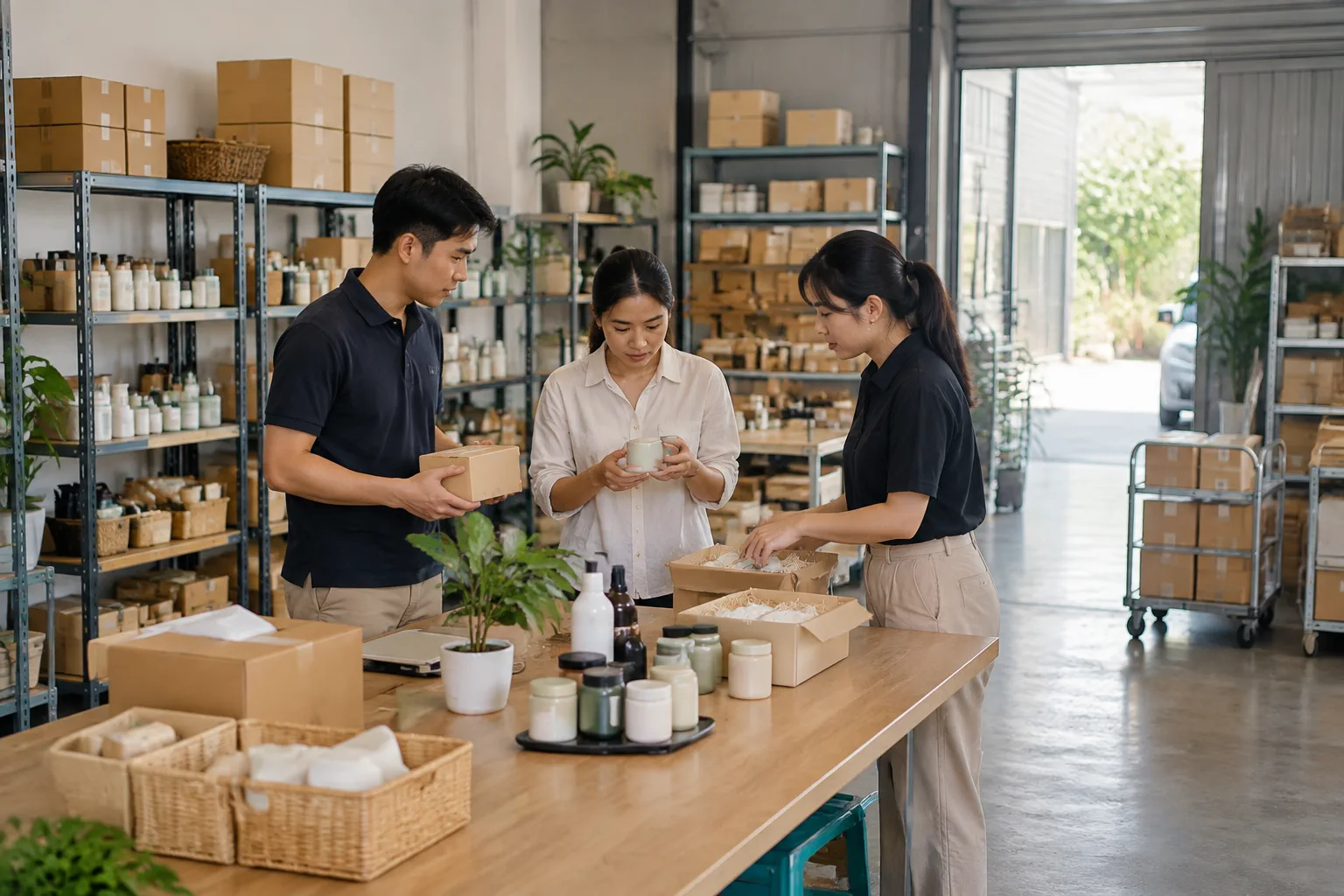 Nhân sự vận hành doanh nghiệp Việt Nam kiểm tra trải nghiệm đóng gói và quy trình xử lý đơn hàng trong khu vực làm việc, thể hiện việc đánh giá khả năng vận hành phía sau website t
