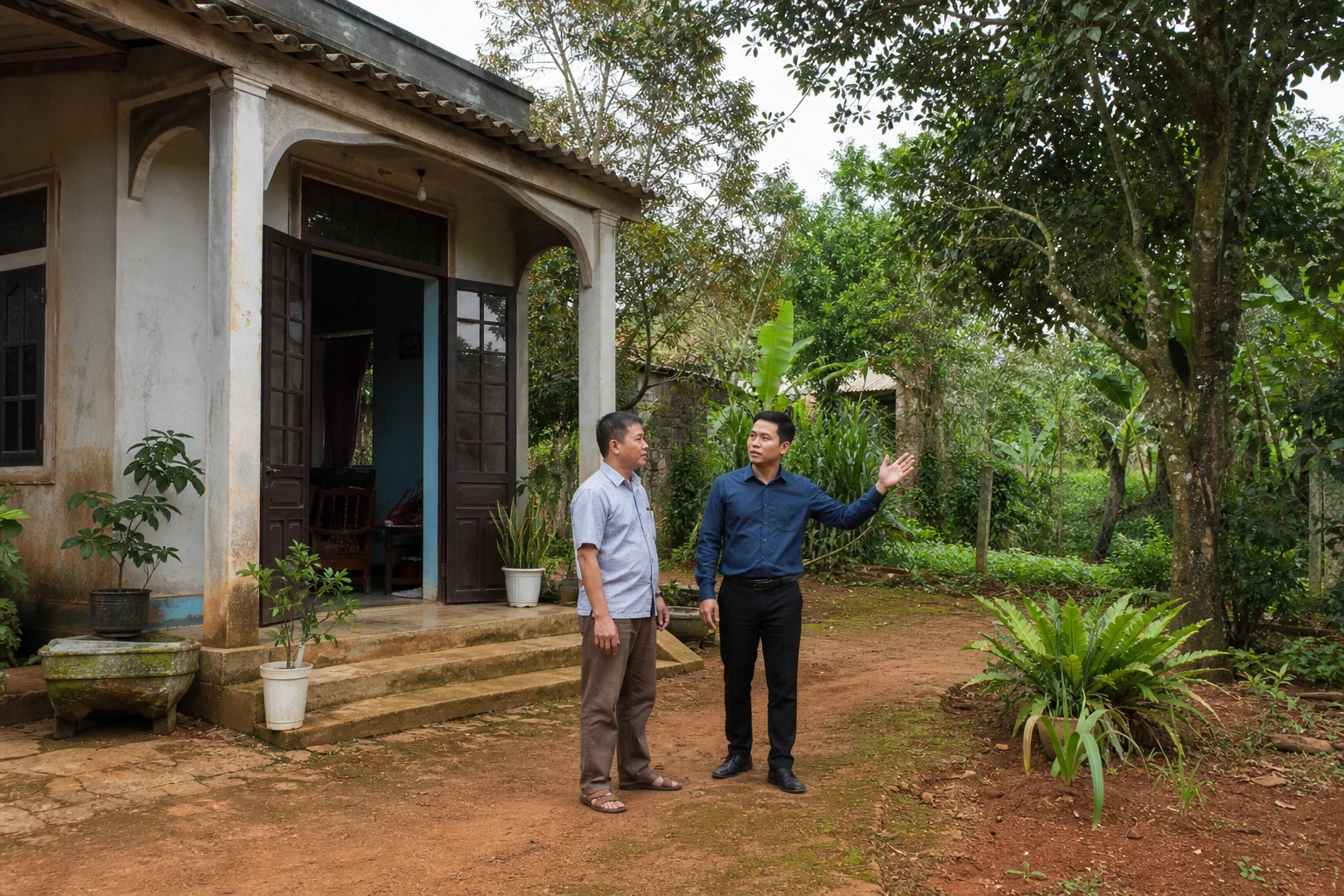 Chủ tài sản trao đổi với người hỗ trợ quản lý bất động sản trong sân một căn nhà tại Đắk Nông, tập trung vào việc thống nhất cách theo dõi và xử lý các nhu cầu phát sinh trước khi