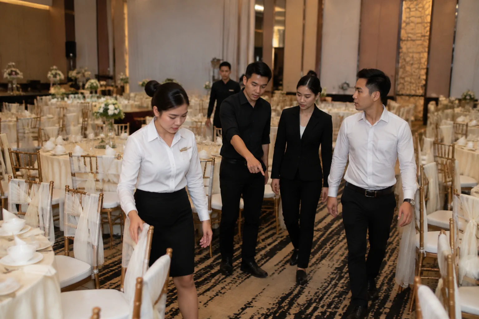 Nhân viên nhà hàng Việt Nam phối hợp cùng đội ngũ chuẩn bị tiệc cưới kiểm tra khu vực bàn tiệc và lối di chuyển trước giờ diễn ra sự kiện, thể hiện bước rà soát cuối cùng giữa các