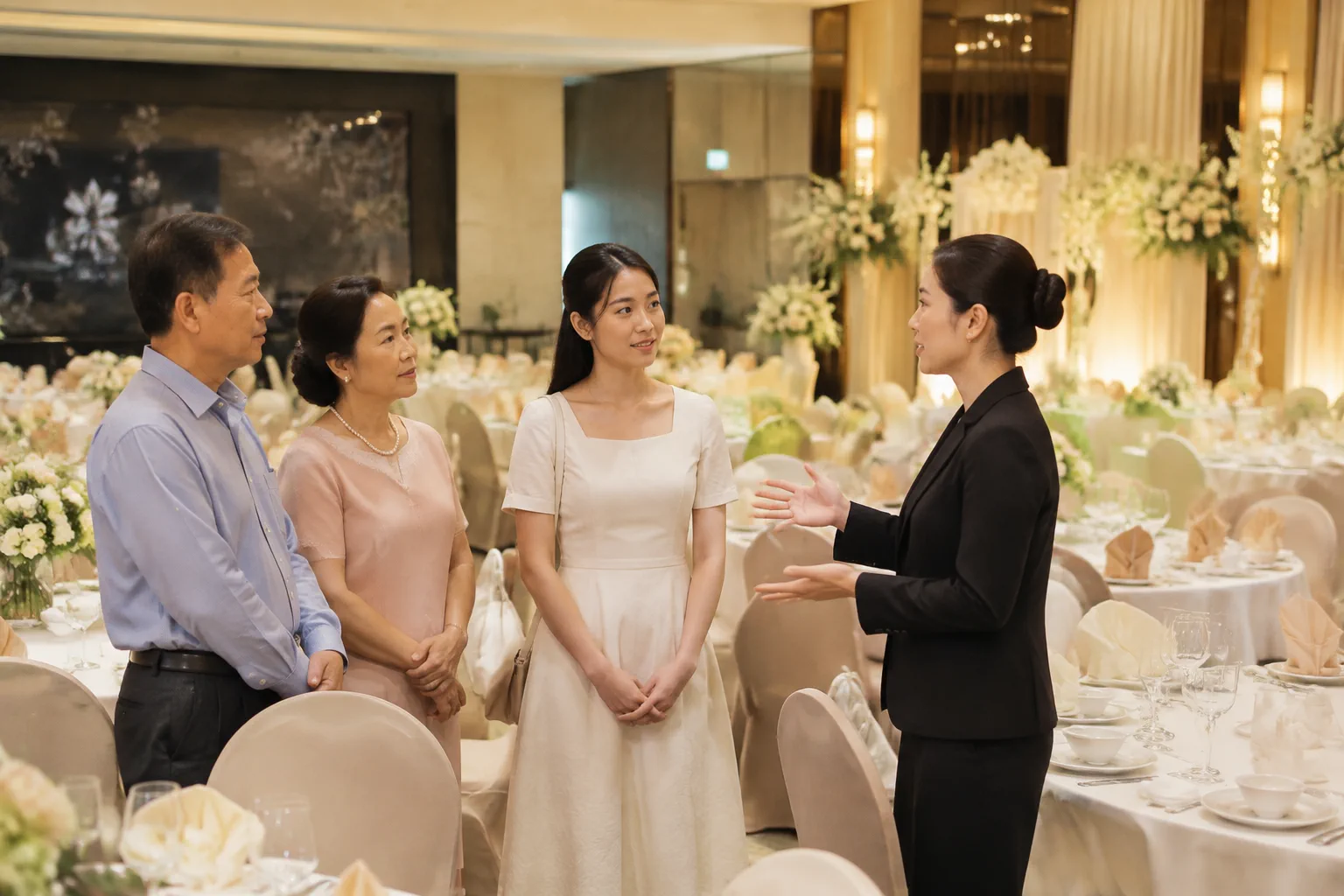 Gia đình Việt Nam trao đổi kế hoạch bố trí tiệc cưới cùng nhân viên nhà hàng tại khu vực không gian tiệc, tập trung vào việc thống nhất các nhu cầu về sân khấu, khách mời và chương