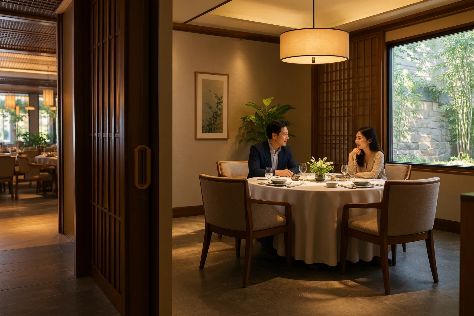 Không gian phòng VIP nhà hàng Việt Nam với bàn ăn đã được chuẩn bị tinh tế cho buổi gặp mặt quan trọng, hai vị khách trưởng thành đang trò chuyện riêng tư ở khu vực bàn bên cửa sổ