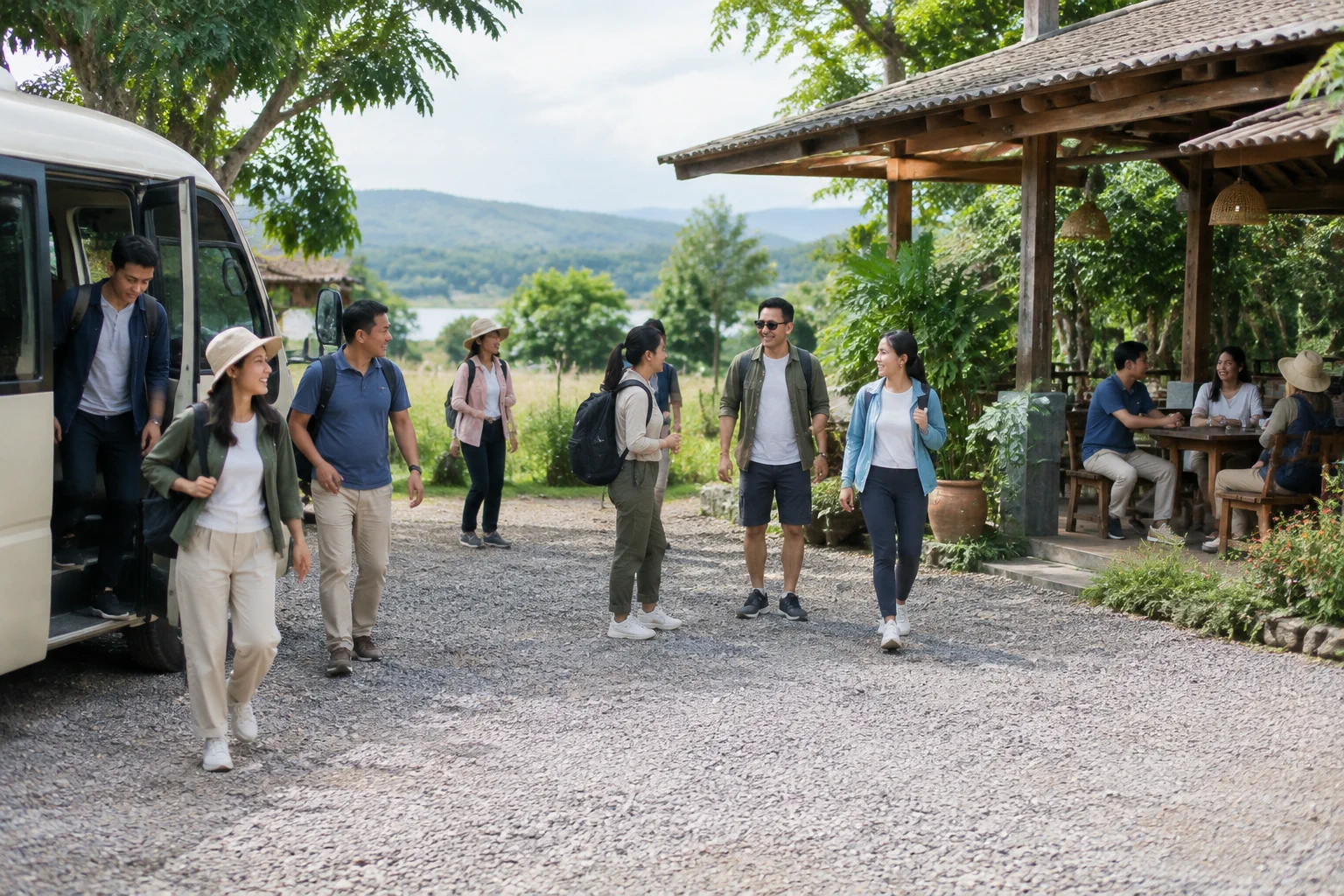 Đoàn du khách Việt Nam vừa đến một điểm dừng chân nhà hàng tại Đắk Nông, mọi người bước xuống xe du lịch và thư giãn trong không gian sân ngoài trời có cây xanh, thể hiện sự thuận