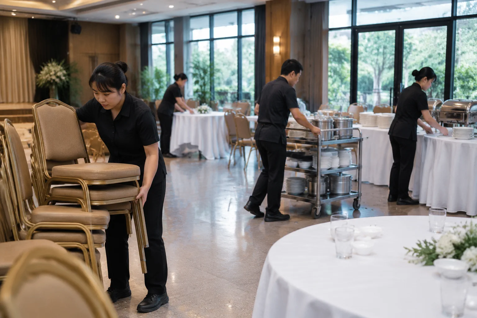 Nhân viên nhà hàng Việt Nam phối hợp thu dọn và sắp xếp thiết bị sau sự kiện cưới, minh họa các công việc vận hành thường bị bỏ sót khi tự tổ chức tiệc