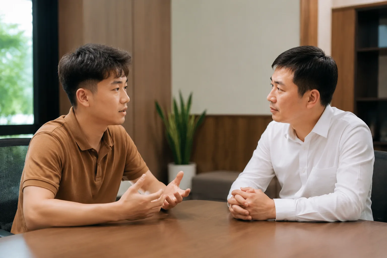 Người mua nhà đất tại Gia Nghĩa trao đổi các điểm cần làm rõ trước khi đặt cọc trong không gian tư vấn riêng tư, tập trung vào quá trình đặt câu hỏi và xác định thông tin giao dịch