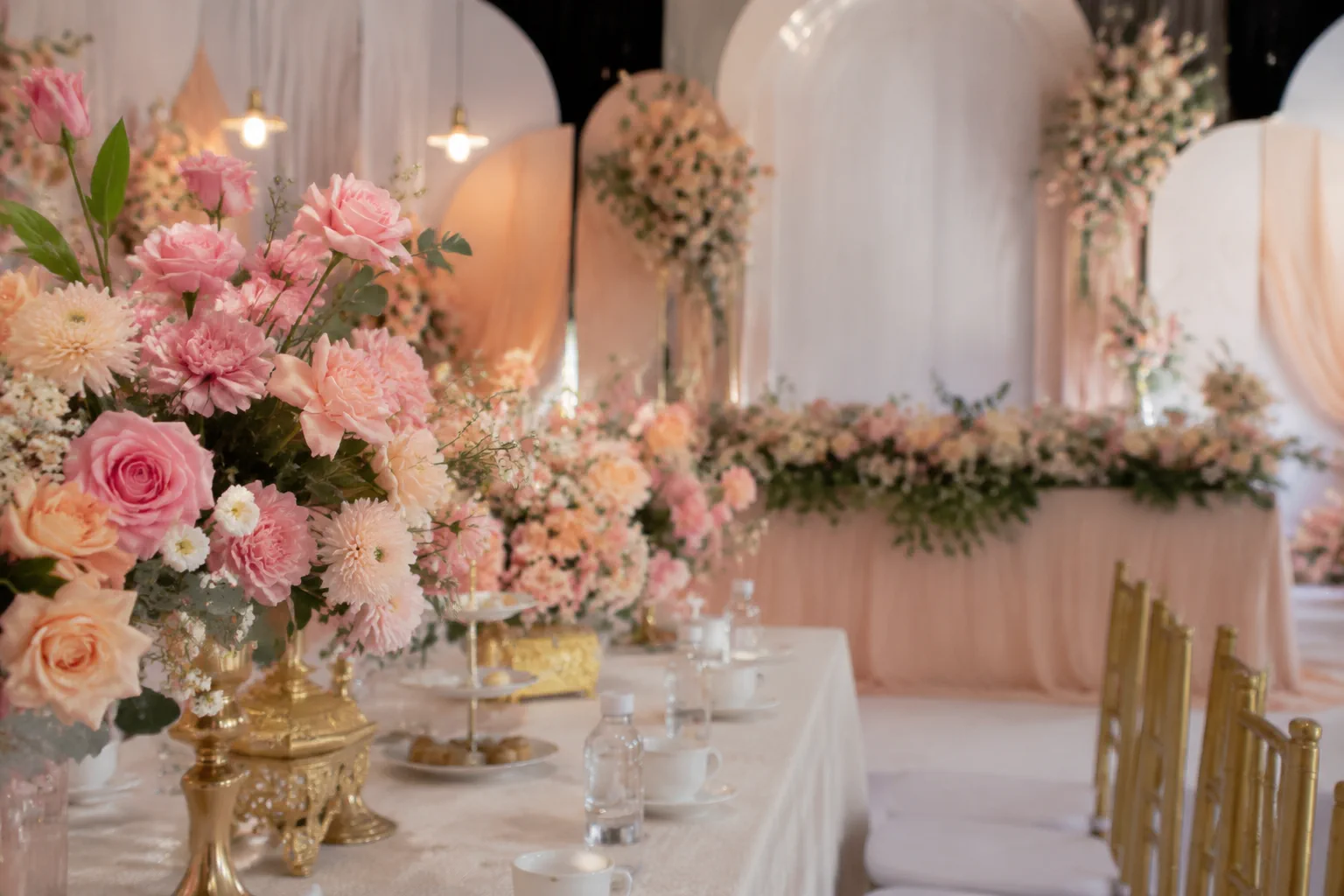 Chi tiết khu vực decor tiệc cưới thể hiện sự kết hợp giữa màu sắc, hoa trang trí và các phụ kiện tạo điểm nhấn cho concept cưới